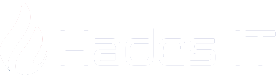 Home Button Logo von Hades IT, bestehend aus einem stilisierten weißen Schriftzug 'Hades IT' neben einem grafischen, weißen Flammenmotiv.