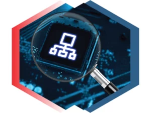 Lupe fokussiert auf ein Flussdiagramm-Icon auf einem digitalen Bildschirm, symbolisiert datengesteuerte Analyseprozesse eines IT-Dienstleisters aus Köln.