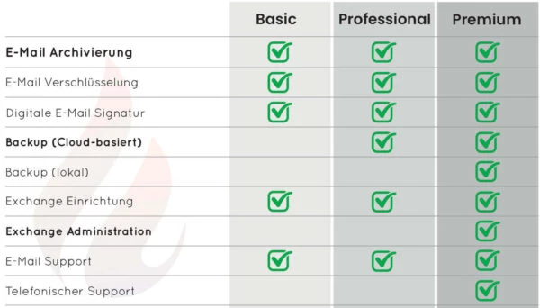 Dienstleistungsvergleichs-Chart eines IT-Dienstleisters aus Köln, zeigt Angebote in Basic, Professional und Premium Kategorien für MSP-Services.